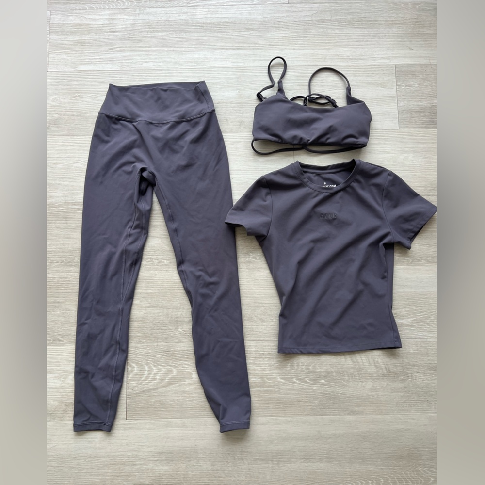 Azur Fit 3 Piece Set Like New Size M Leggings Tee and Bareback Top